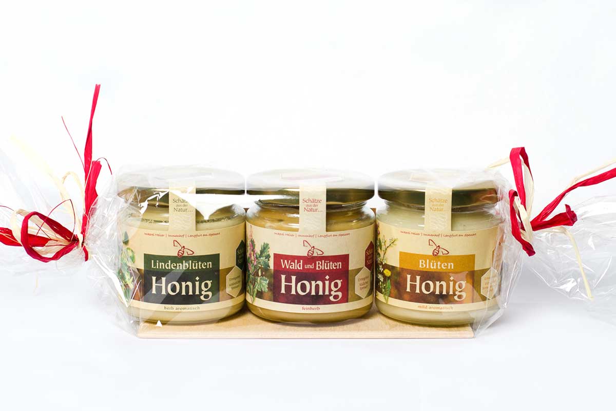 Honigpräsent mit 3 Gläser Honig zu je 250g